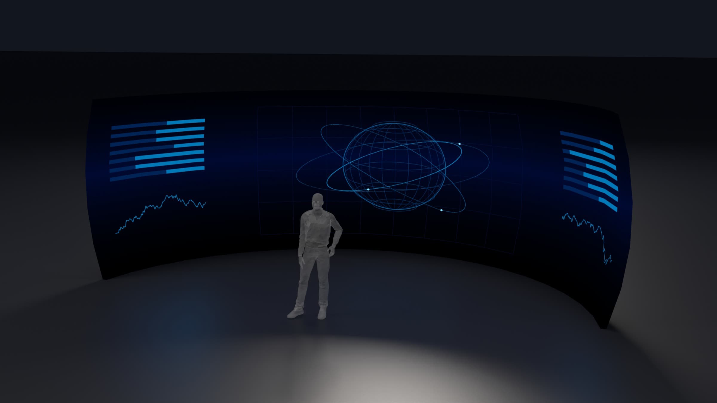 Studio render of the R14: a wide curved LED surface seen from inside the curve, lit with abstract orbital graphics, a standing human figure at its center for scale. The display plane is 28 ft across.