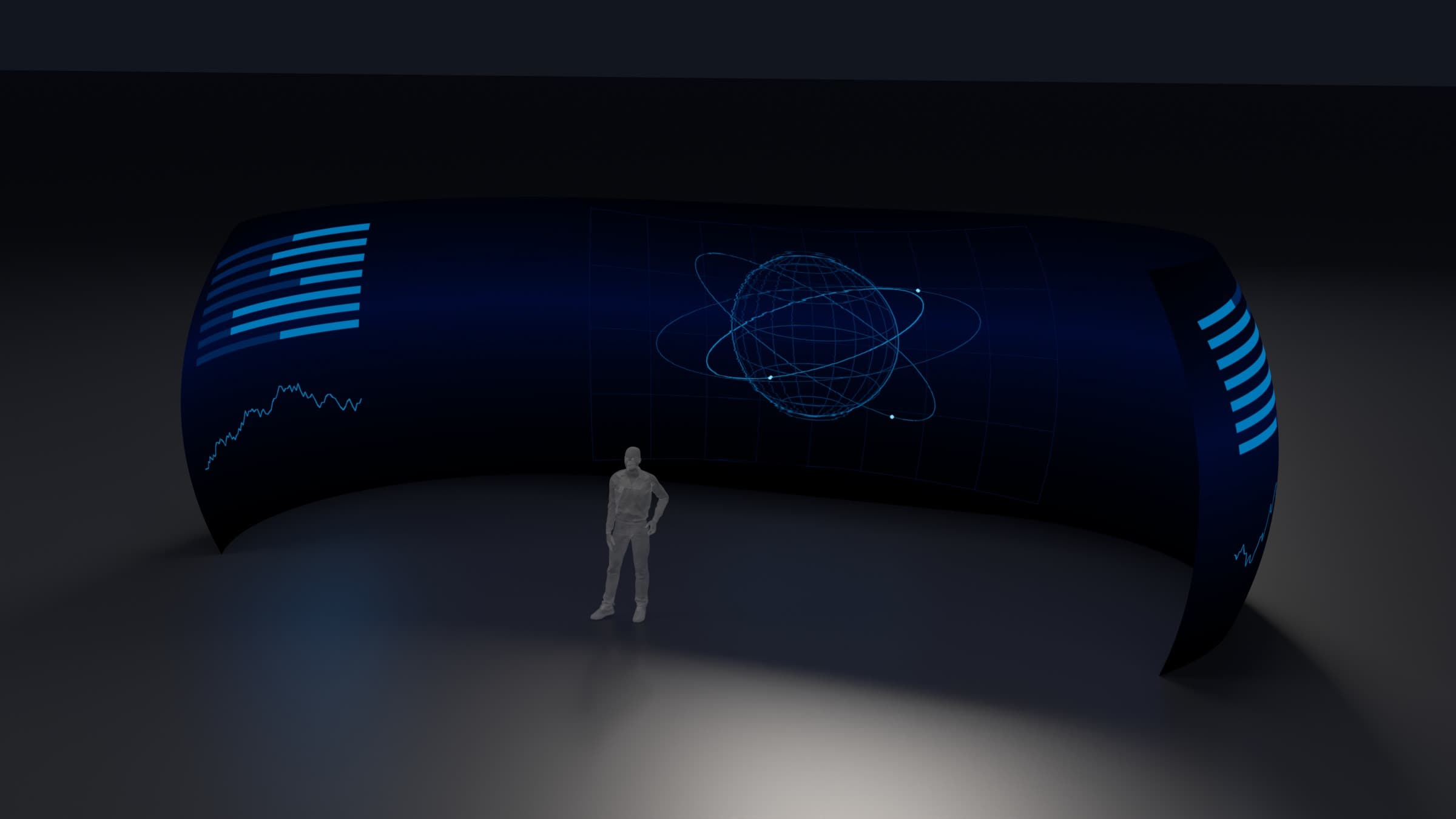 Studio render of the R20: a curved LED surface at facility scale, lit with abstract orbital graphics, a standing human figure at its center for scale. The display plane is 40 ft across.