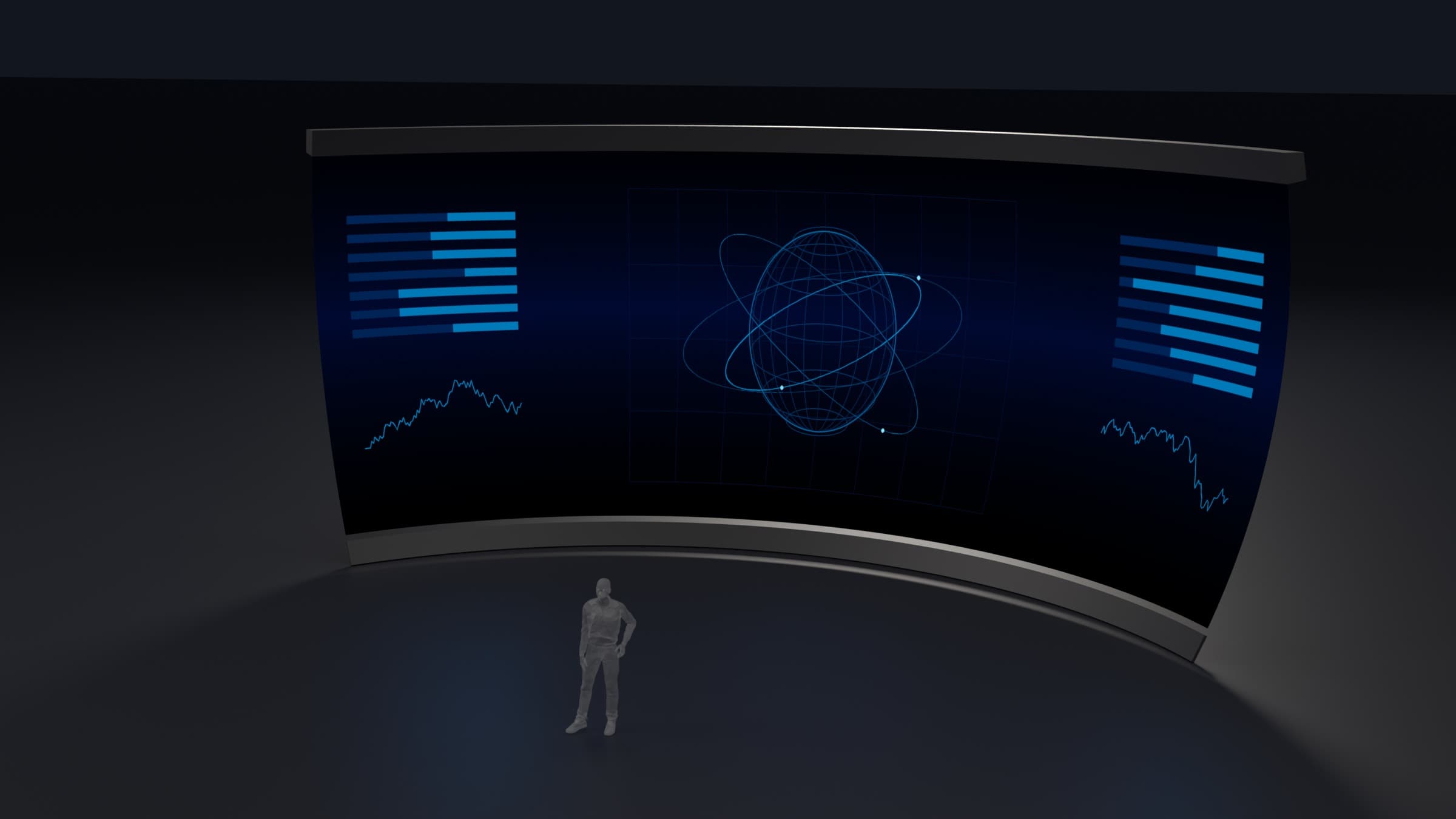 Studio render of the R28: the largest curved LED surface in the line, lit with abstract orbital graphics, a standing human figure at its center for scale. The display plane is 56 ft across.