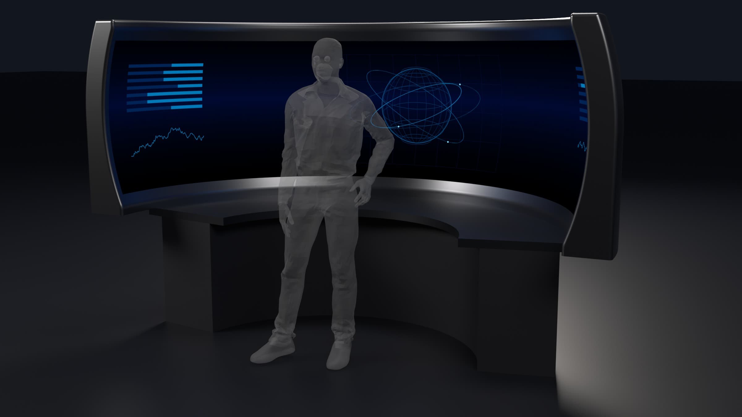 Studio render of the R5: a curved LED surface on its single-operator desk console, lit with abstract orbital graphics, a standing human figure at its center for scale. The display plane is 10 ft across.