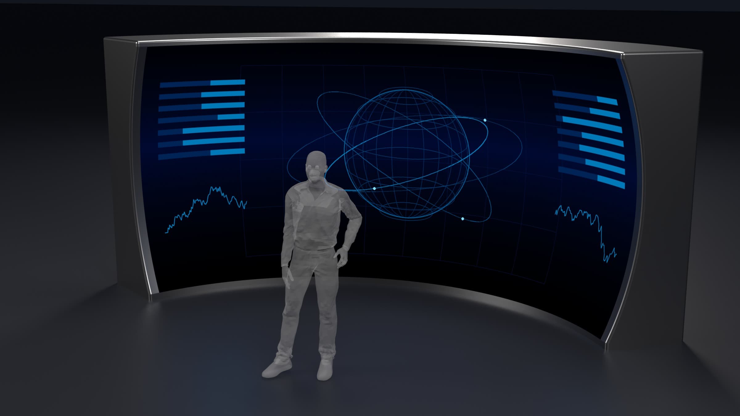 Studio render of the R9: a curved LED surface in its titanium housing and end caps, lit with abstract orbital graphics, a standing human figure at its center for scale. The display plane is 18 ft across.