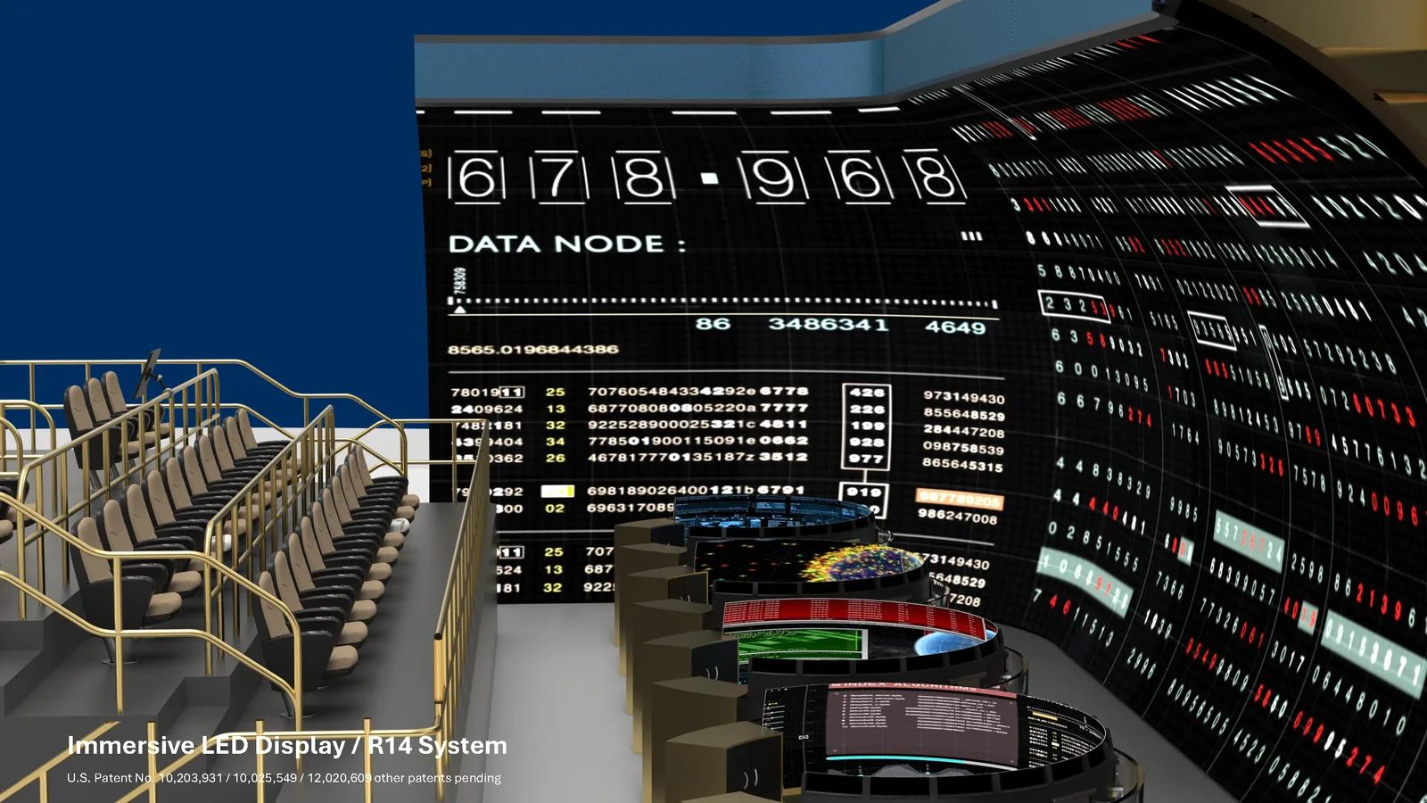 Concept render of a control center on a transitional fixture: a run of LED across the front of the room turning into a compound-curved section that carries around the right-hand wall in one unbroken surface, with tiered seating at the left and a row of consoles on the floor below.