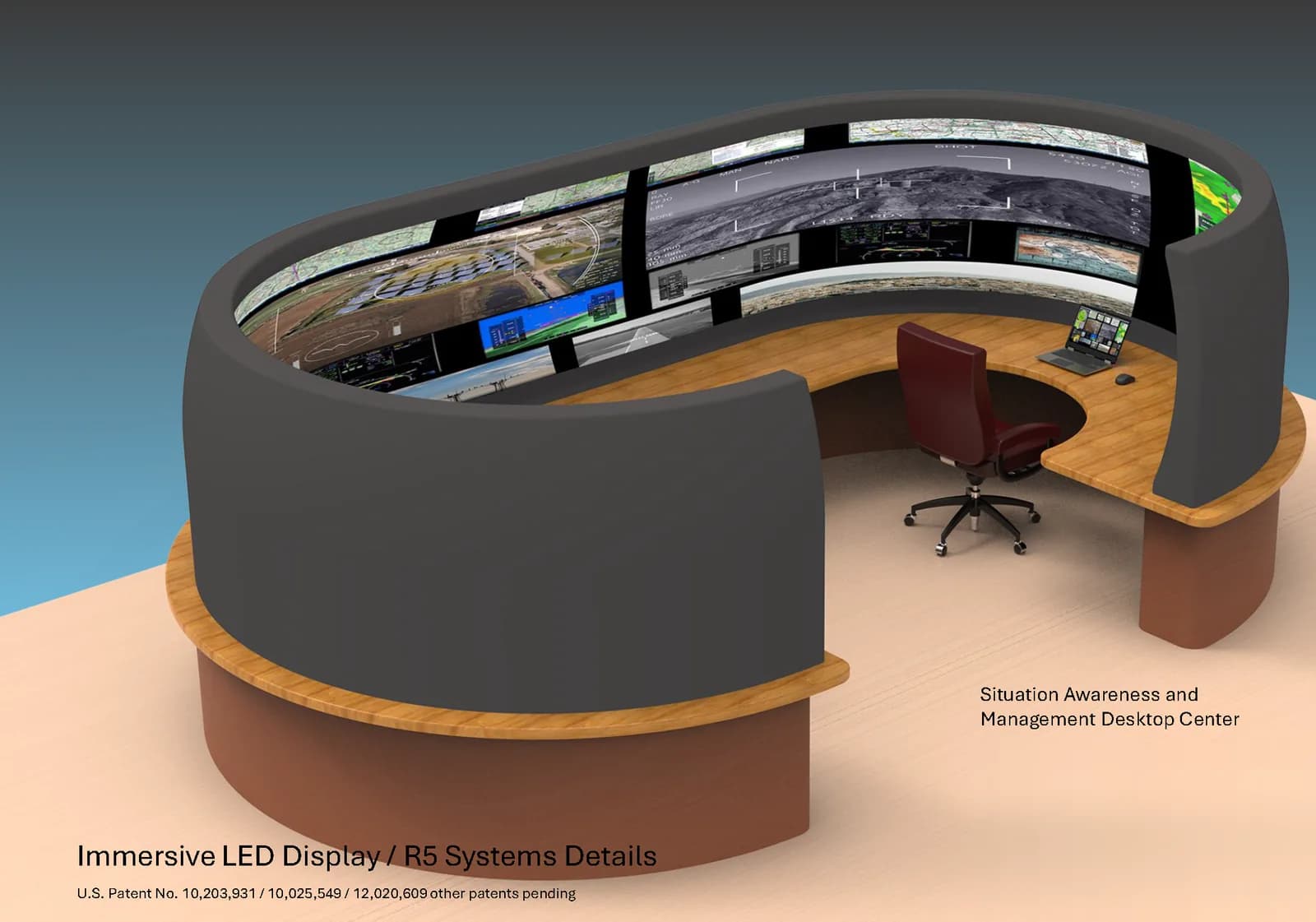 Concept render of a situation awareness desktop center: a continuous run of LED curving around three sides of a desk and closing at both ends, carrying map, terrain and camera panels, with one crew position in view and the surface open behind it where the operators step in.