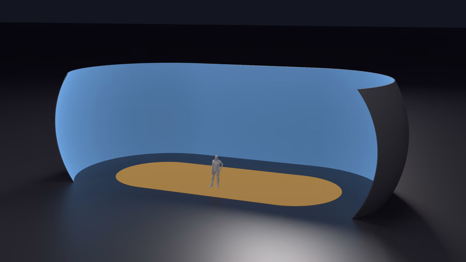 An R20 extended surround in a dark studio: a compound-curved return at either end joined by a flat or cylindrical run across the middle, with the watch-floor working area plotted on the floor as a lit stadium and a standing figure inside it for scale.