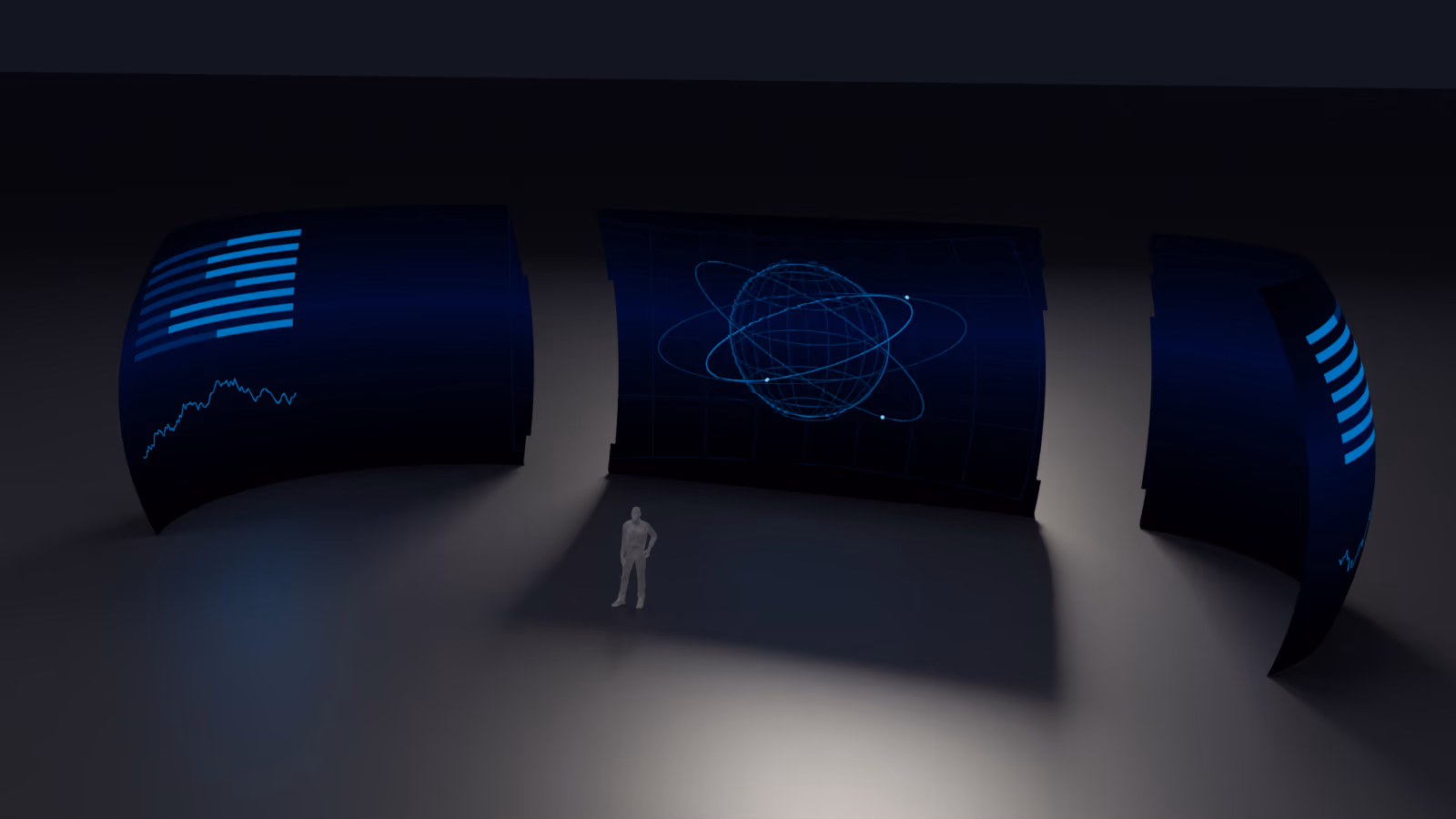 A transitional fixture in a dark studio, separated into the three sections it is built from: a compound-curved return at the left, a flat or cylindrical run across the middle, and a second compound-curved return at the right, with a standing figure at the center for scale.