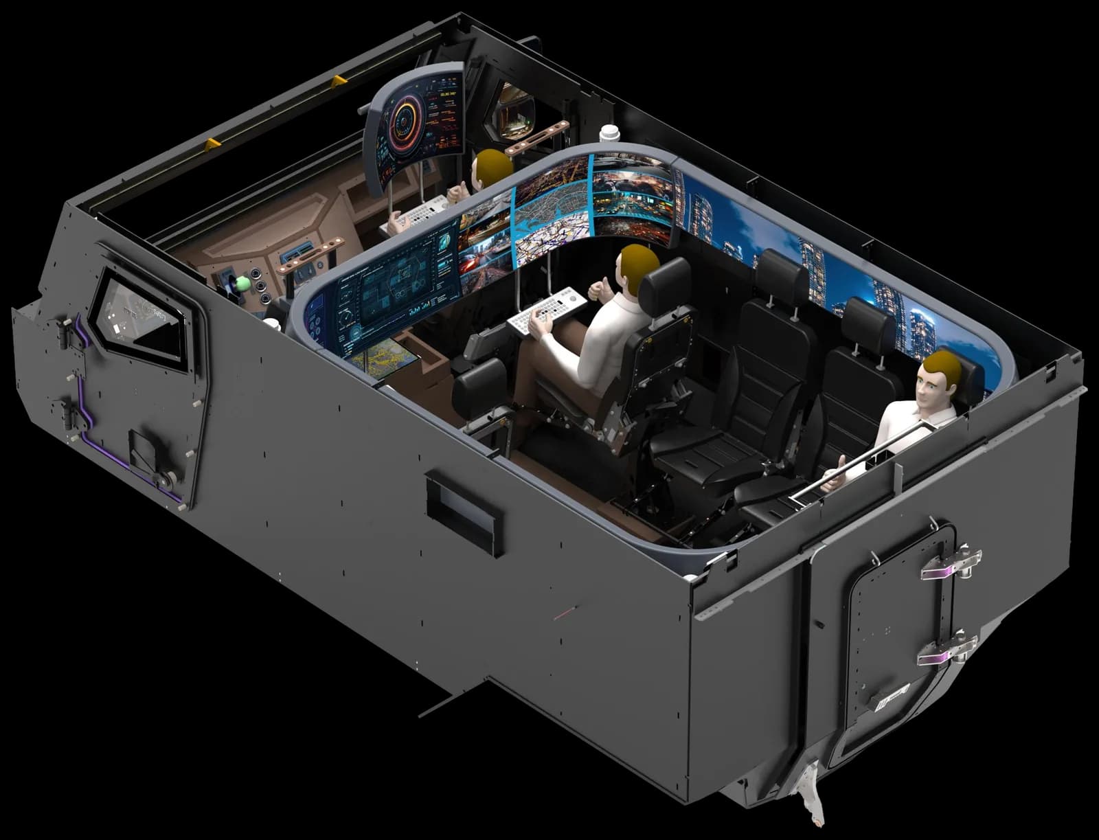 Cutaway concept render of an armored troop carrier with its near wall removed: a curved display runs along the inside of the compartment above the seats, carrying an outside view and instrument panels, with a crew position at a console forward and troop seats behind.