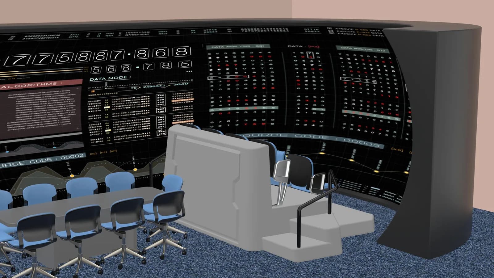 Concept render of a watch floor: a wide curved LED surface carrying columns of numeric and graphical panels, with a conference table and chairs on the floor in front of it and a raised platform with seats and a handrail at the center.