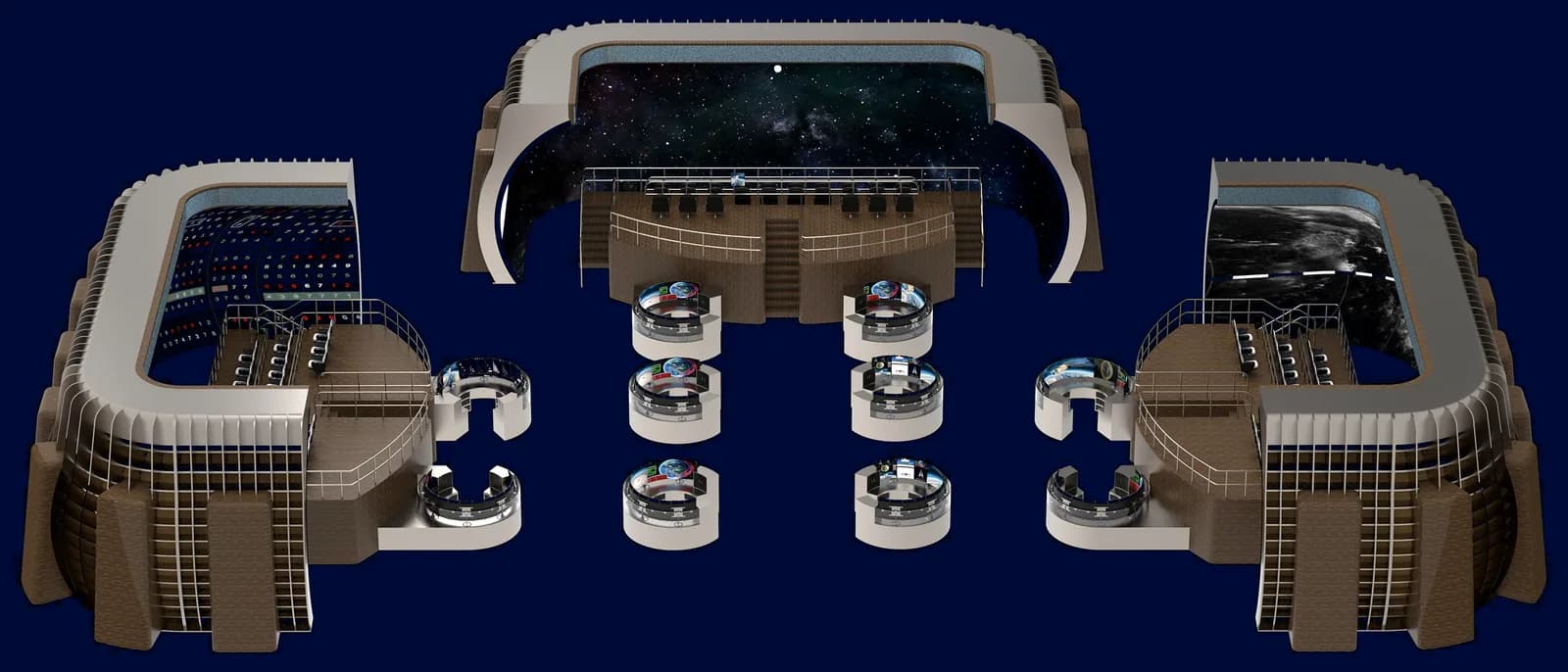 Concept render of three surrounding workspaces standing apart from one another, each an oval fixture with tiered positions inside it and a curved screen along one wall, with circular console pods arranged on the floor between them.