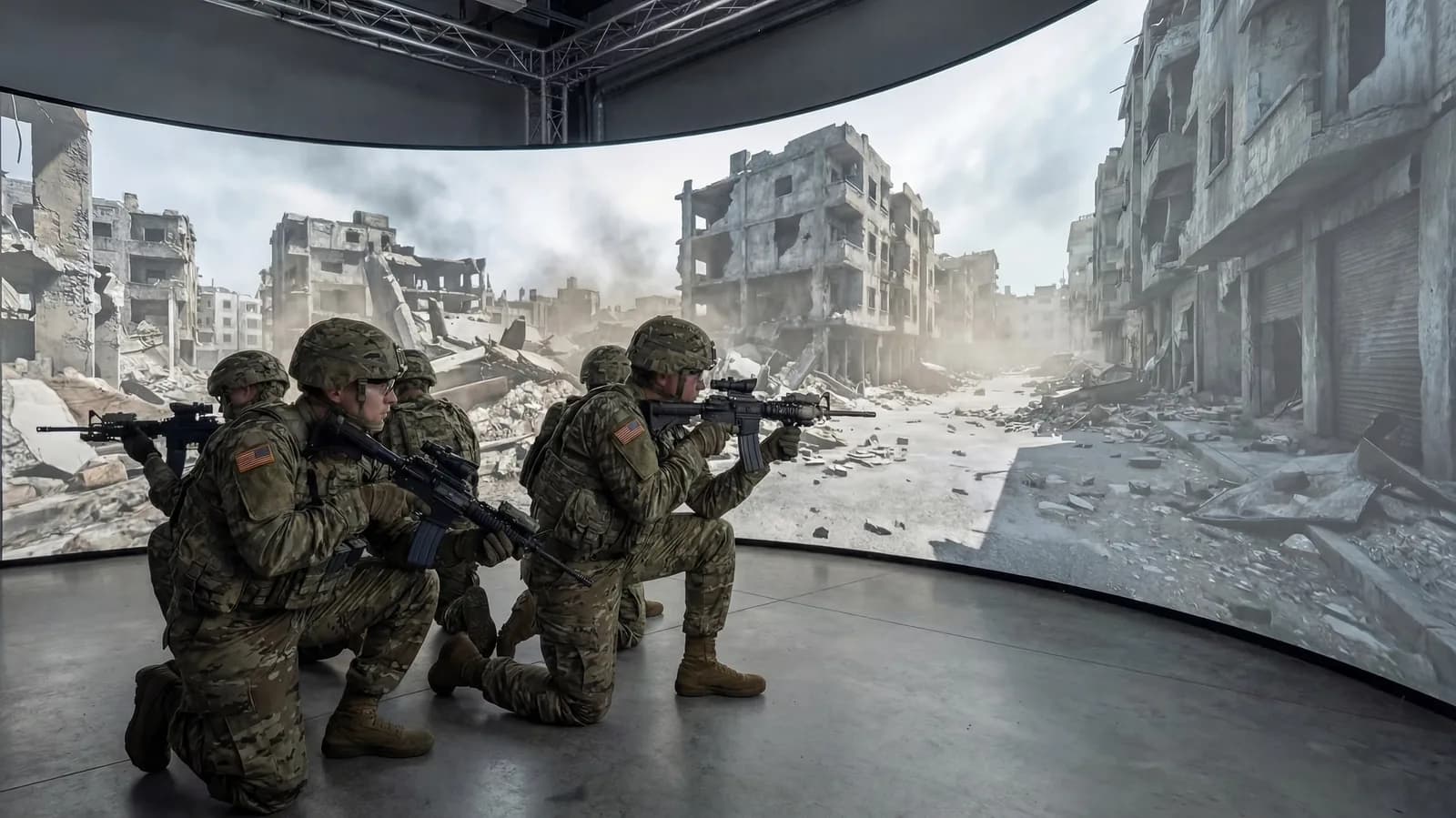 Concept render of four people kneeling together on an open floor inside a wide curved LED surface that wraps around them, the surface showing a ruined street in daylight.